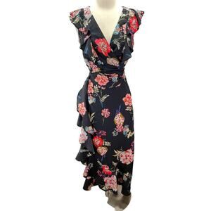 Lucy Paris Black Floral Plunging V-Neck Wrap Dress Ruffle Trim Womens  XS NWT